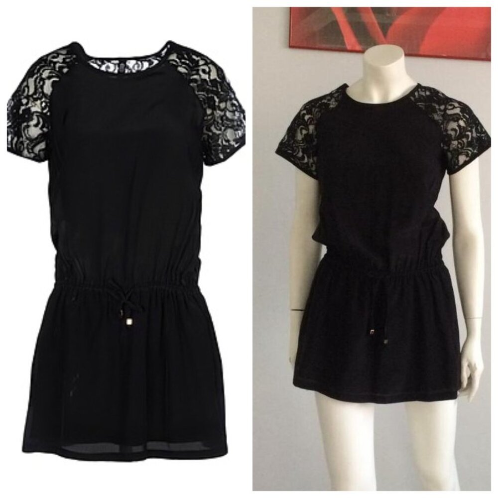 Silk black dress tunic with lace 8 BY YOOX NWT